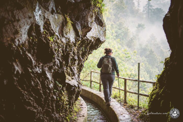 Frau wandert auf den kanarischen Inseln durch eine Schlucht.